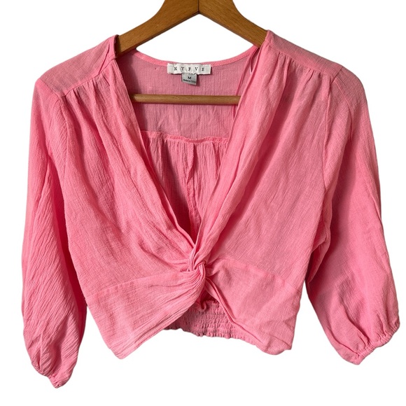 HYFVE pink Womens Long Sleeve Crop front knot 💯 cotton top in M - Picture 1 of 12